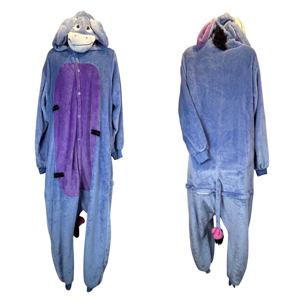 Disney Eeyore Plush Fleece Pajama Union Suit One Piece Large Blue Loungewear